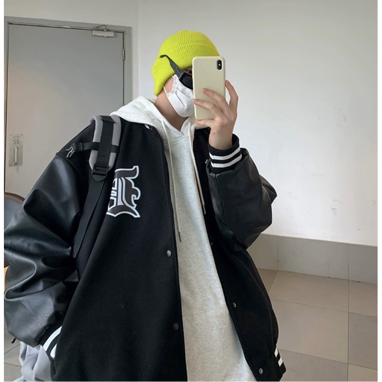 Áo Bomber Phối Tay Da Hình Ôto 🦋 Áo Khoác Nam Nữ Unisex Dáng Rộng Cúc Bấm 🦋