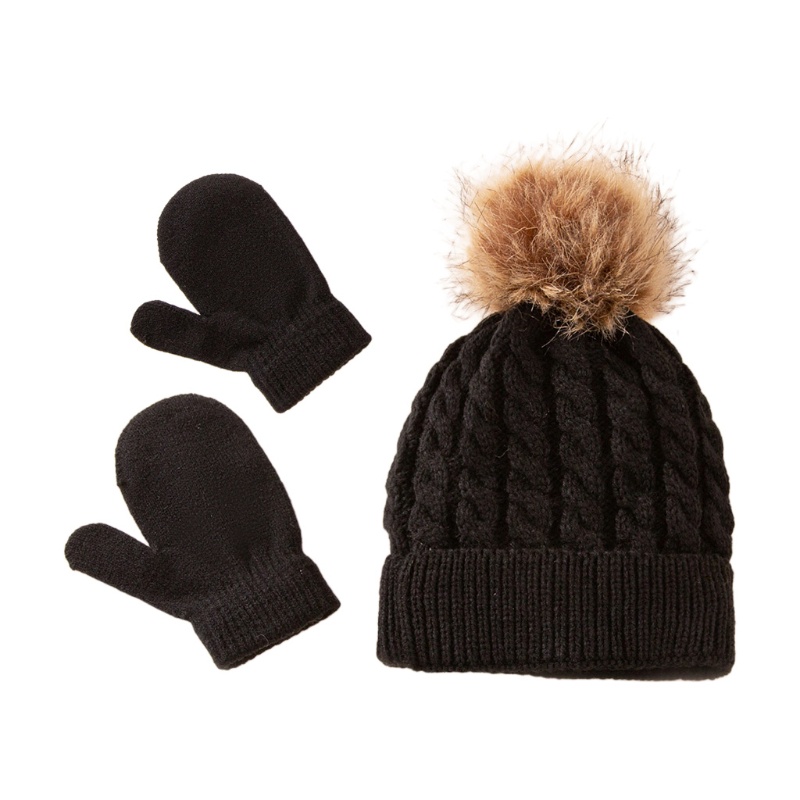 Set Mũ Len Beanie Phối Găng Tay Lông Màu Trơn Giữ Ấm Mùa Đông Cho Bé