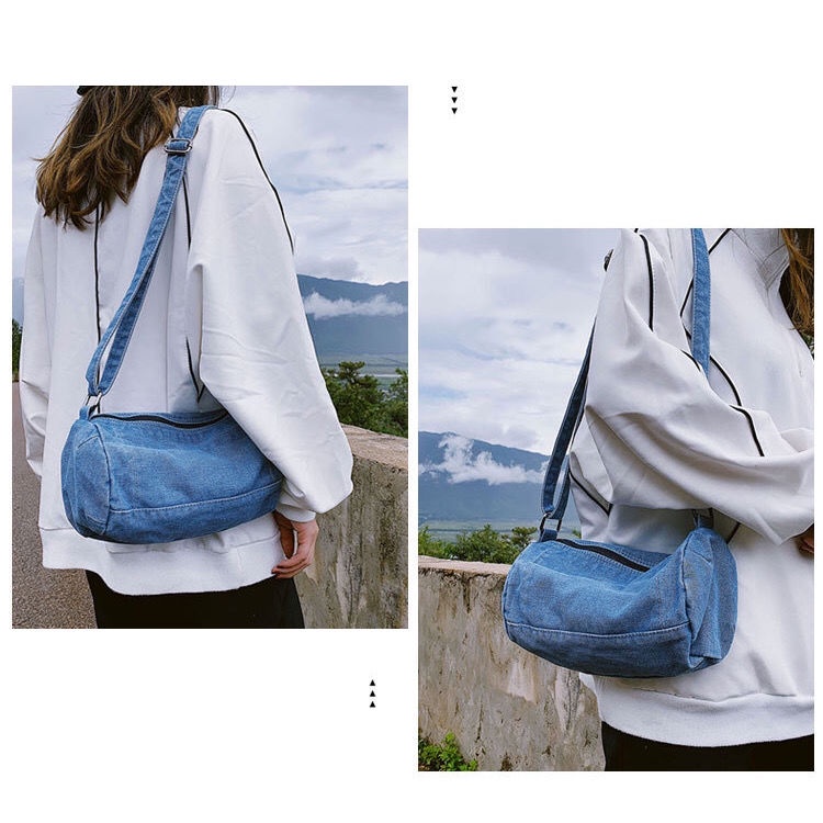 Túi Đeo Chéo Vải Denim Hình Trụ 3 Kiểu Tùy Chọn