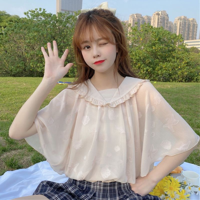Áo Sơ Mi Chiffon Cổ Peter Pan Tay Chuông Ngọt Ngào Phong Cách Phương Tây Thời Trang Mùa Hè Hàng Mới Cho Nữ