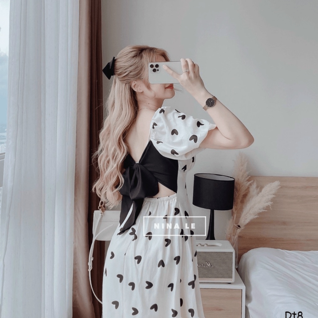 (Free Ship) Đầm Lụa Trái Tim Có Nơ Sau Lưng Siêu Dễ Thương UP Valetina Shop