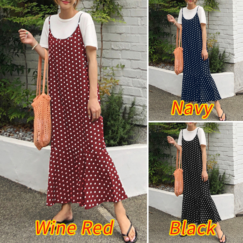 Váy Maxi ZANZEA Không Tay Phối Viền Gợn Sóng Họa Tiết Chấm Bi Dành Cho Nữ