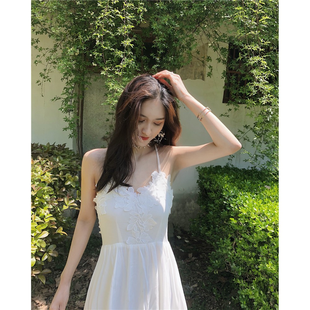 Đầm trắng maxi công chúa cổ tích 2 dây dáng xoè siêu đẹp kèm video🌥