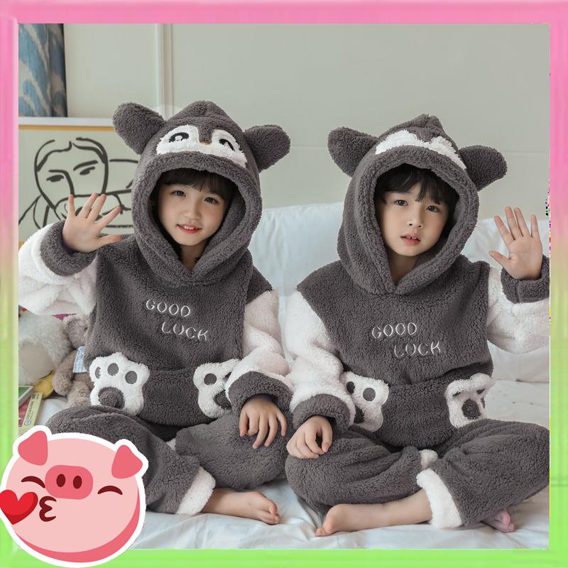 🐷Mùa đông san hô lông cừu cộng với nhung dày flannel bộ đồ ngủ trẻ em hoạt hình