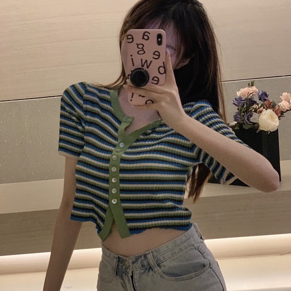 【ZHELIHANGFEI】Áo Cardigan Dệt Kim Ngắn Tay Cổ Tròn Lưng Cao Họa Tiết Kẻ Sọc