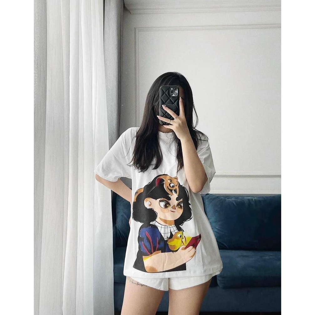 Áo thun nữ from rông giấu quần hình cô gái tóc ngắn aut tuồn chất cotton 4 chiều mềm mát