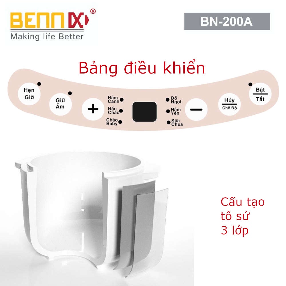 Nồi hầm chậm, chưng yến, nấu cách thủy đa nằng Bennix BN-200A dung tích 2 lít màu hồng, bảo hành 12 tháng