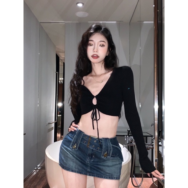 Áo Croptop Body Tay Dài Cổ Chữ V, Dáng Ôm Dây Rút Ngực Phong Cách Quyến Rũ Gợi Cảm