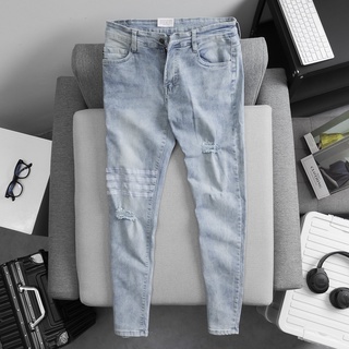 Quần Jean Nam Dài Màu Xanh Mài Rách Phối Sọc Trắng Cá Tính Thời Trang Phong Cách Hàn Quốc