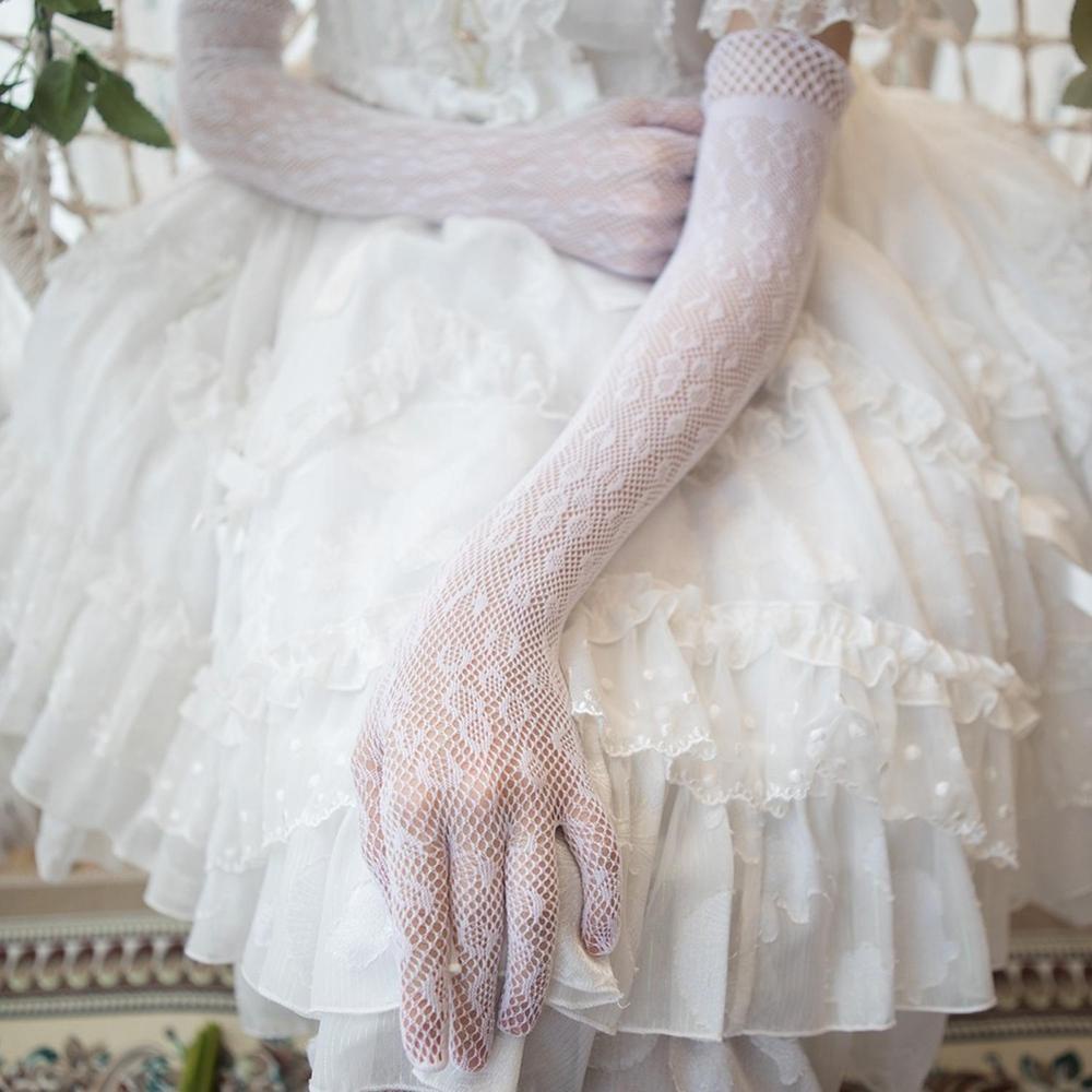 AROMA Găng Tay Lưới Nylon Mỏng Dài Màu Đen Cổ Điển Phong Cách Lolita Cho Cô Dâu