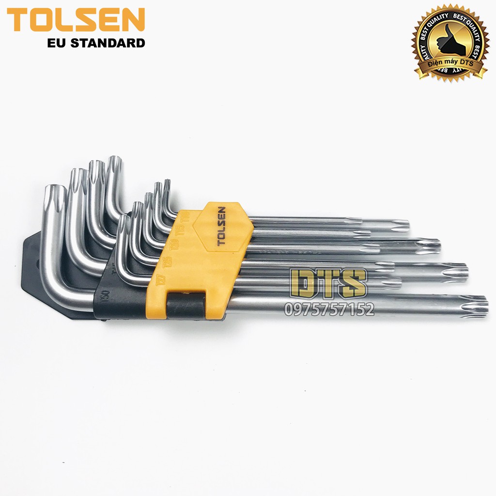 Bộ lục giác hoa thị ngắn có lỗ TOLSEN 9 chi tiết T10 - T50, bộ lục giác bông thép CrV - Tiêu chuẩn xuất khẩu Châu Âu