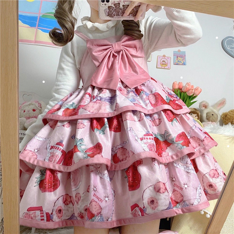 Đầm lolita Hai Dây Đính Nơ Họa Tiết Quả Dâu Thắt Nơ Dễ Thương