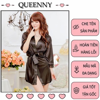 Áo choàng ngủ kiểu dáng kimono queeny đồ ngủ sexy chất lụa gồm áo choàng dây đai kèm quần chip vn05