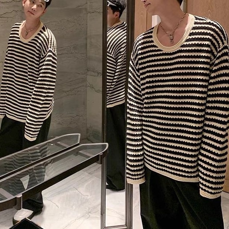 Áo Sweater Dệt Kim Cổ Tròn Họa Tiết Kẻ Sọc Màu Sắc Tương Phản Thời Trang Mùa Thu 2022 Cho Nam