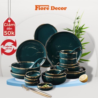 Bộ bát đĩa sứ, set bát đĩa sứ cao cấp cho 4 người hàng xuất Âu màu xanh cổ vịt fiore