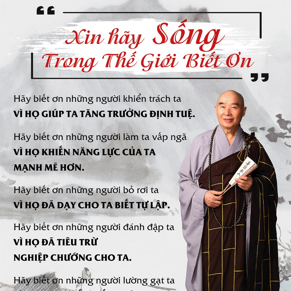 Tranh chữ Sống Trong Thế Giới Biết Ơn 40x60cm bằng vải phủ bóng cao cấp dày dặn