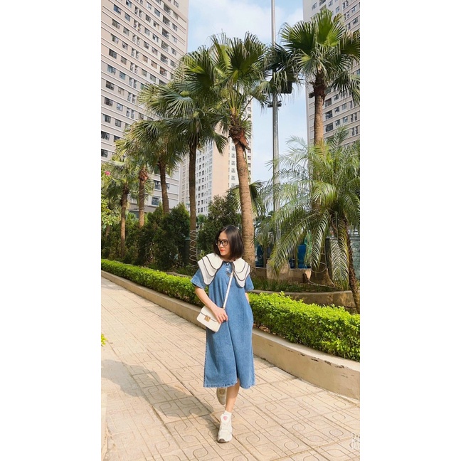 Đầm bầu thời trang dạo phố Chất Liệu Vải Bò Giấy mềm mịn tôn dáng