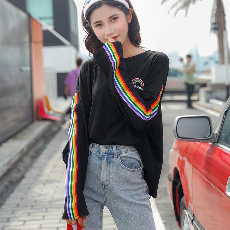 Áo thun dài tay cổ tròn màu cầu vồng