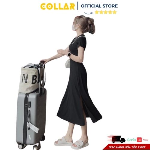 Váy body COLLAR đen trơn basic xẻ tà dáng suông maxi ôm dáng tôn 3 vòng phong cách hàn quốc dành cho nữ