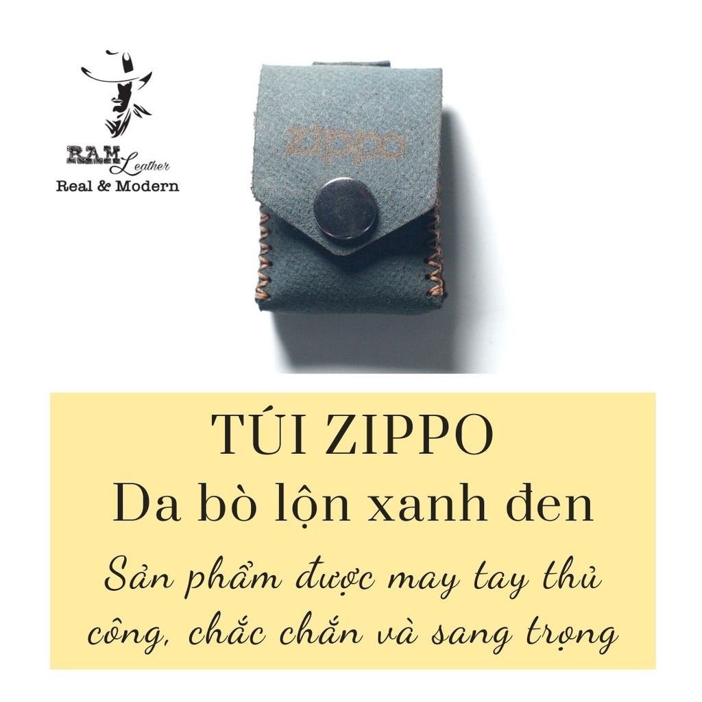 Bao Zippo da bò thật màu xanh nhạt - Chính hãng RAM Leather