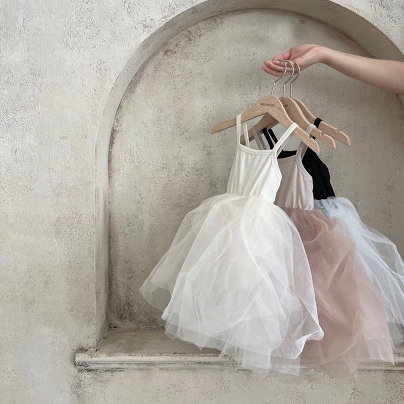 Đầm Công Chúa Một Mảnh Phối Lưới Một Mảnh Màu Trơn Phong Cách Hàn Quốc Thời Trang Mùa Hè Cho Bé Gái JGE2