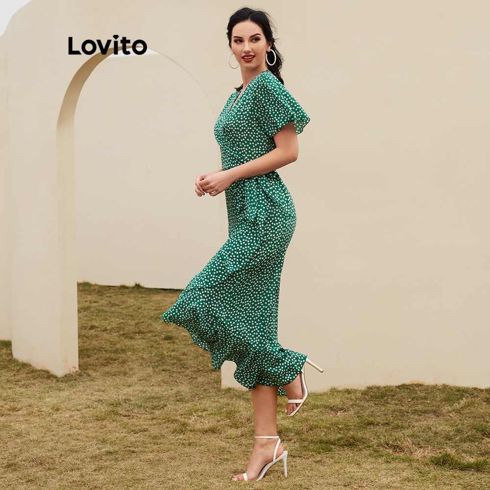 Lovito Đầm cổ chữ V xẻ sâu họa tiết chấm bi phong cách Boho màu xanh lá L12014 | BigBuy360 - bigbuy360.vn