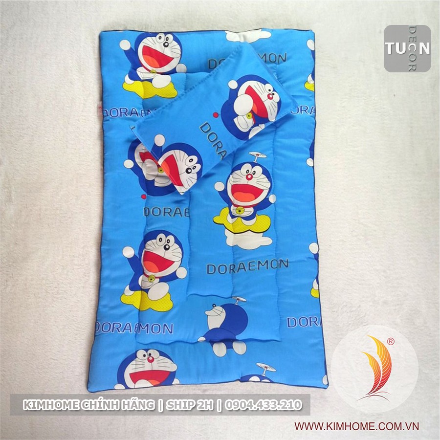 Bộ Nệm Gối cho bé đi học mẫu giáo vải Cotton Thắng Lợi màu Xanh Doraemon Size 60x100cm | KIM HOME chính hãng