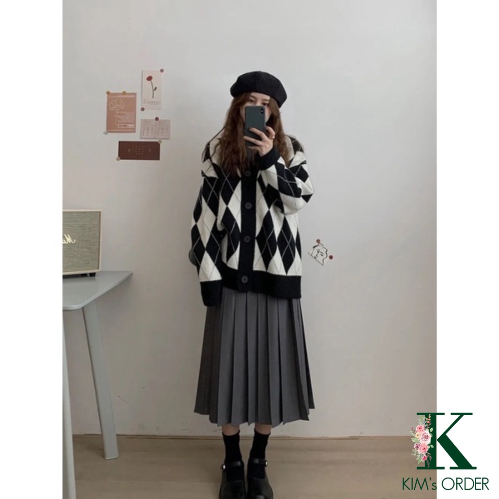 Áo cardigan nữ khoác ngoài màu hồng đen chất len hoạ tiết hình quả trám to phom rộng loại 1 phong cách tiểu thư Hàn Quốc