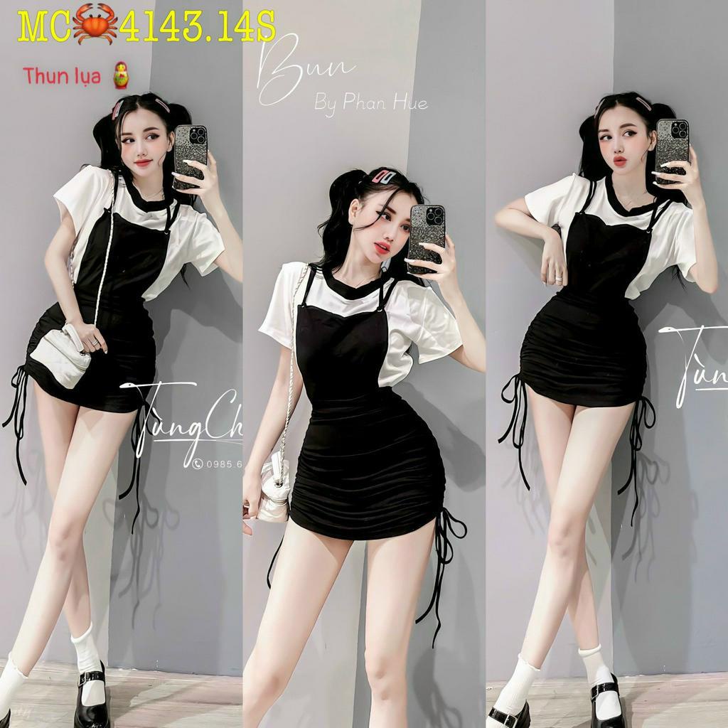 set bộ áo yếm rút dây 2 bên kèm áo thun dễ thương chất gân