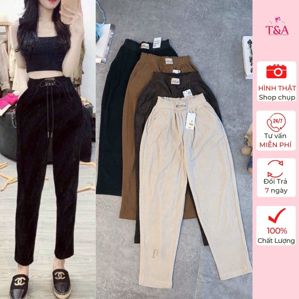 Quần Baggy Nhung Phối Mạc Lưng Thun Tone Màu Tây - 015