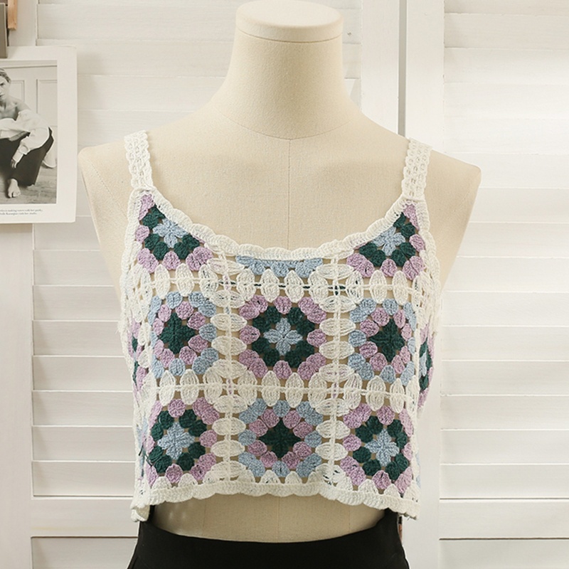 Brroa Áo Croptop Dệt Kim Không Tay Khoét Rỗng Họa Tiết Hoa Màu Sắc Tương Phản Phong Cách Boho Cho Nữ Sw