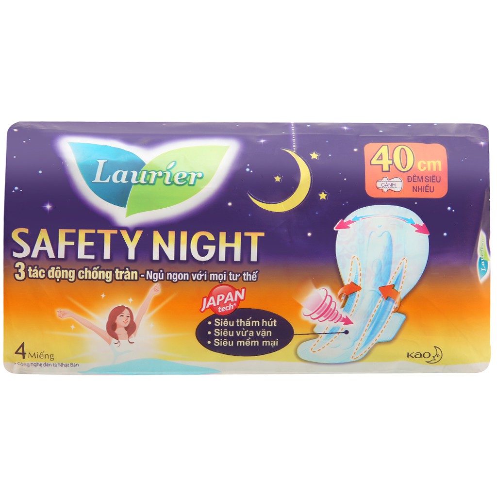 Băng vệ sinh ban đêm Laurier Safety Night siêu an toàn 4 miếng 40cm
