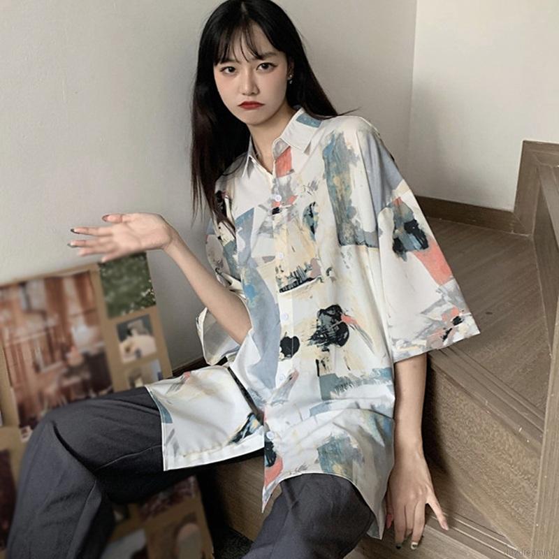 Áo Sơ Mi Voan Ngắn Tay Dáng Rộng In Họa Tiết Xinh Xắn Dành Cho Nữ