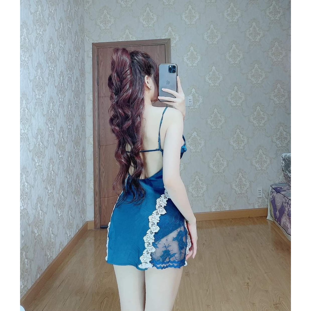 Đồ ngủ sexy / Đầm ngủ 2 dây xẻ đùi phối ren eo, chất liệu satin cao cấp loại 1, kèm quần đùi cute, freesize dưới 65kg Se | BigBuy360 - bigbuy360.vn