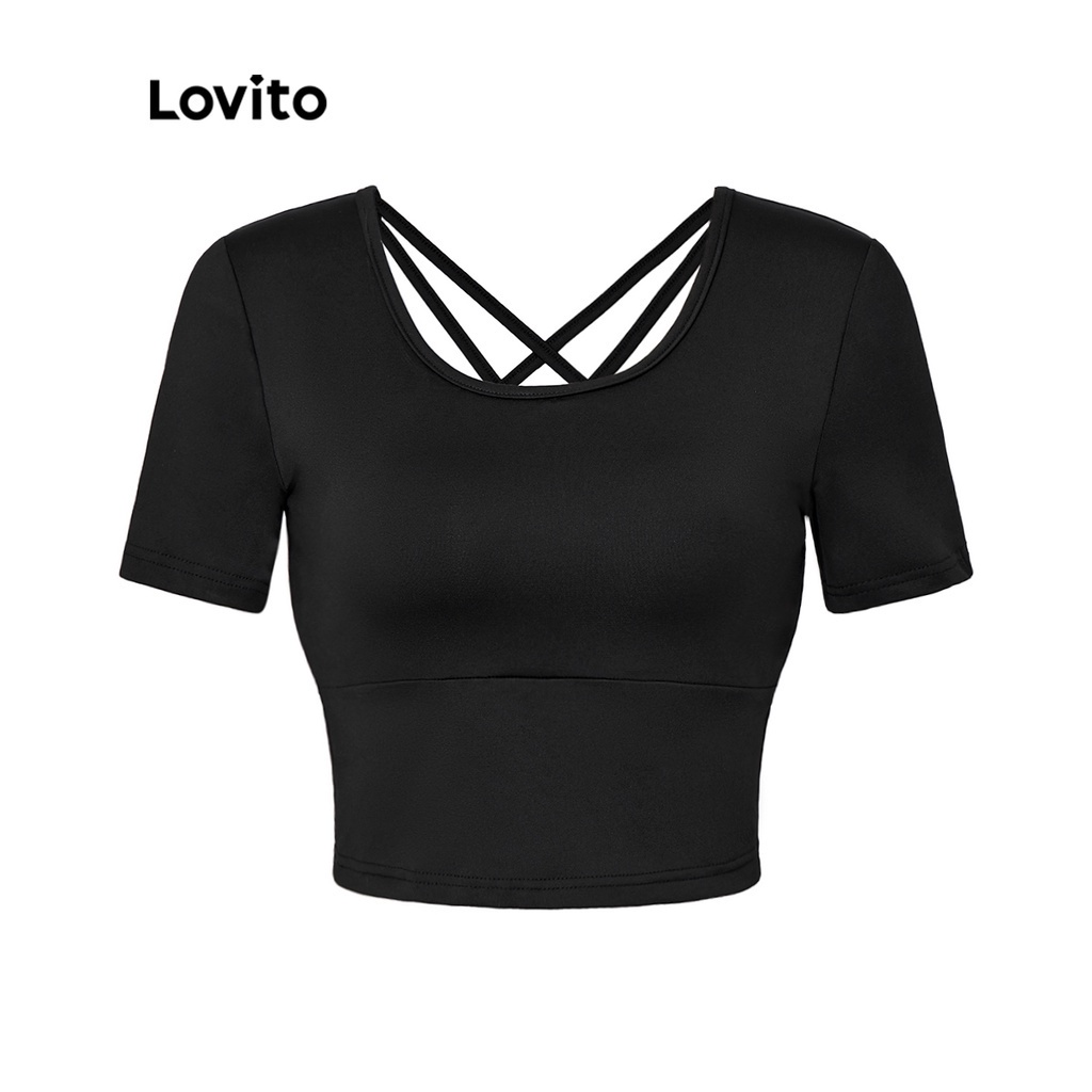 Lovito Chống vón cục Huấn luyện giảm béo Yoga Thể dục Chống nhăn Chriss Cross Backless Crop Women Thể thao Áo phông L34AD012 (Đen)