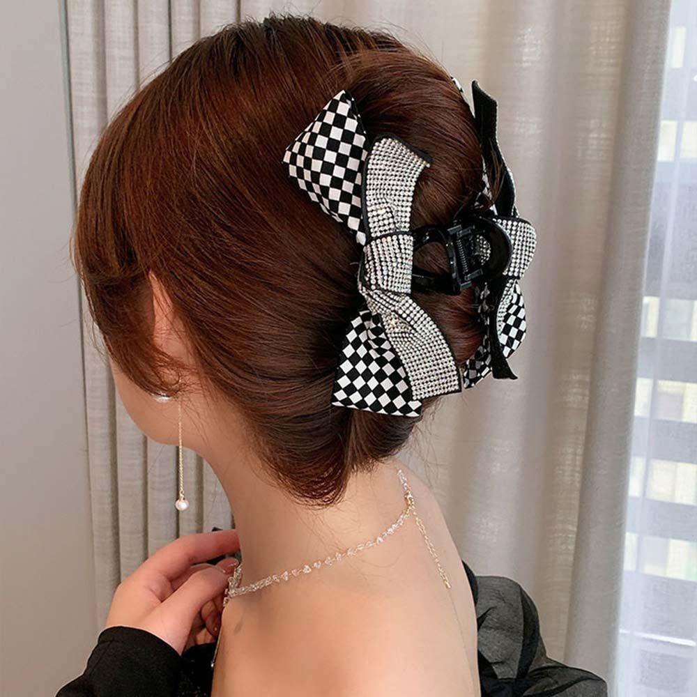 QQMALL Kẹp Tóc Nơ Họa Tiết Kẻ Sọc Màu Trắng Đen Thanh Lịch