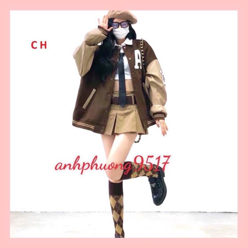 Áo khoác bomber jacket nam nữ phối Nâu Boin Chữ A  In Lucky, chất da cá dày siêu đẹp; Trend 2022