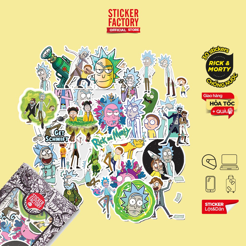 Hộp set 30 sticker decal hình dán nón bảo hiểm , laptop, xe máy, ô tô STICKER FACTORY- chủ đề Rick and Morty