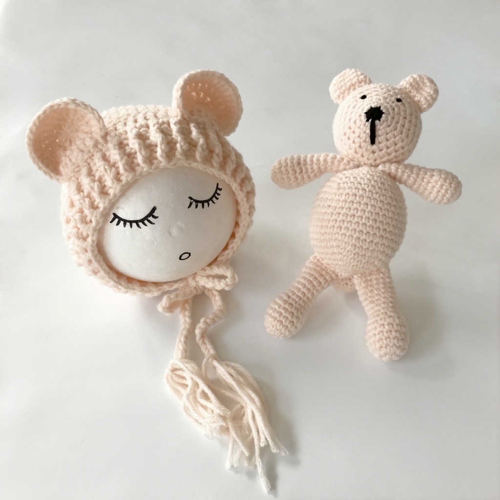 Set mũ và thú bông Gấu Cute bằng len đáng yêu phụ kiện chụp ảnh cho bé 0-6 tháng