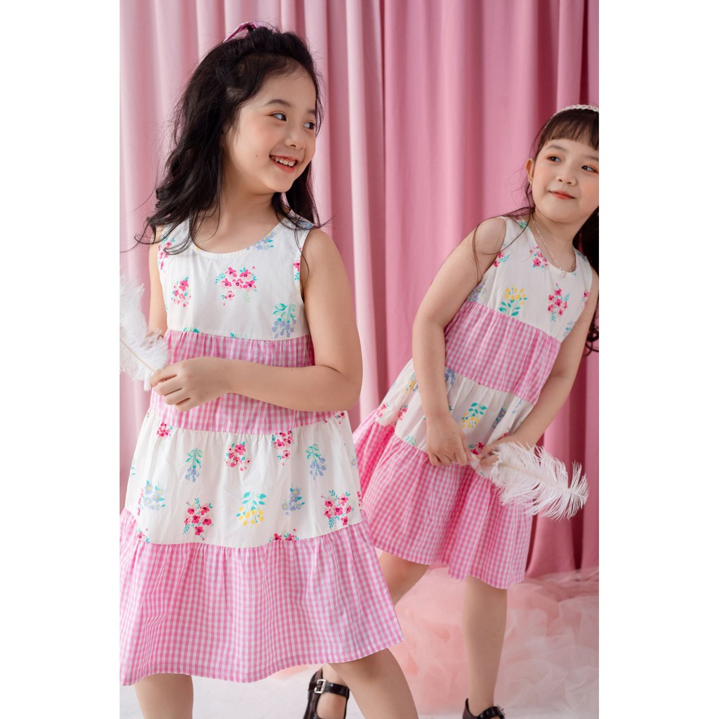 [LITTLE PINK] LISA DRESS - Váy caro hồng mix hoa bé gái