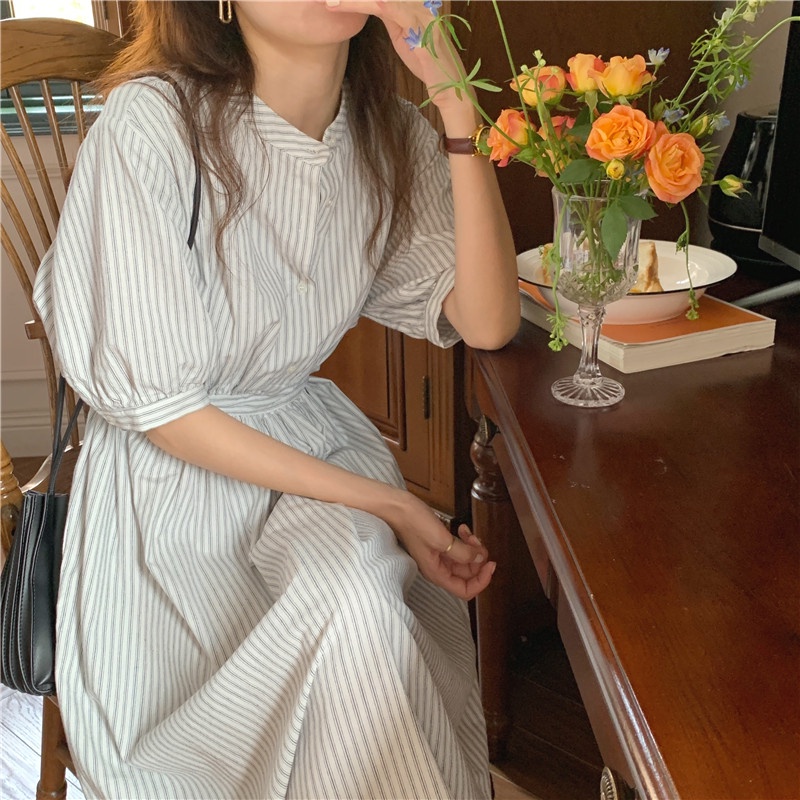 Đầm dài ngắn tay họa tiết kẻ sọc thời trang Hàn Quốc mùa hè mới thanh lịch 44715