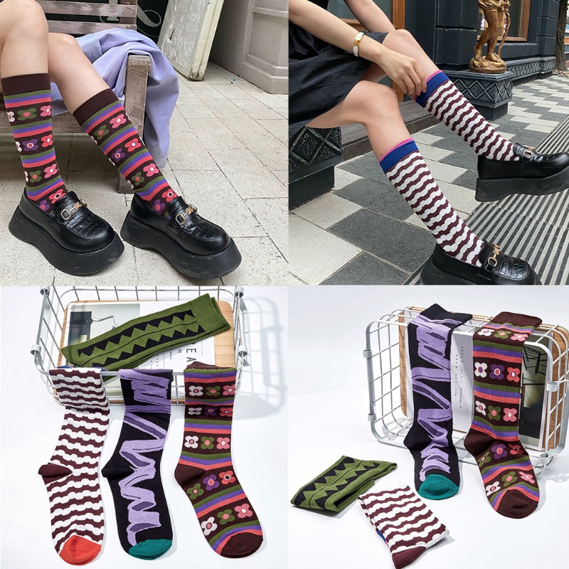 Youyo Vớ Cao Đến Đầu Gối Harajuku Nhiều Màu Sắc Họa Tiết Hình Học Kẻ Sọc Trừu Tượng Phong Cách Pháp Cổ Điển Cho Nữ