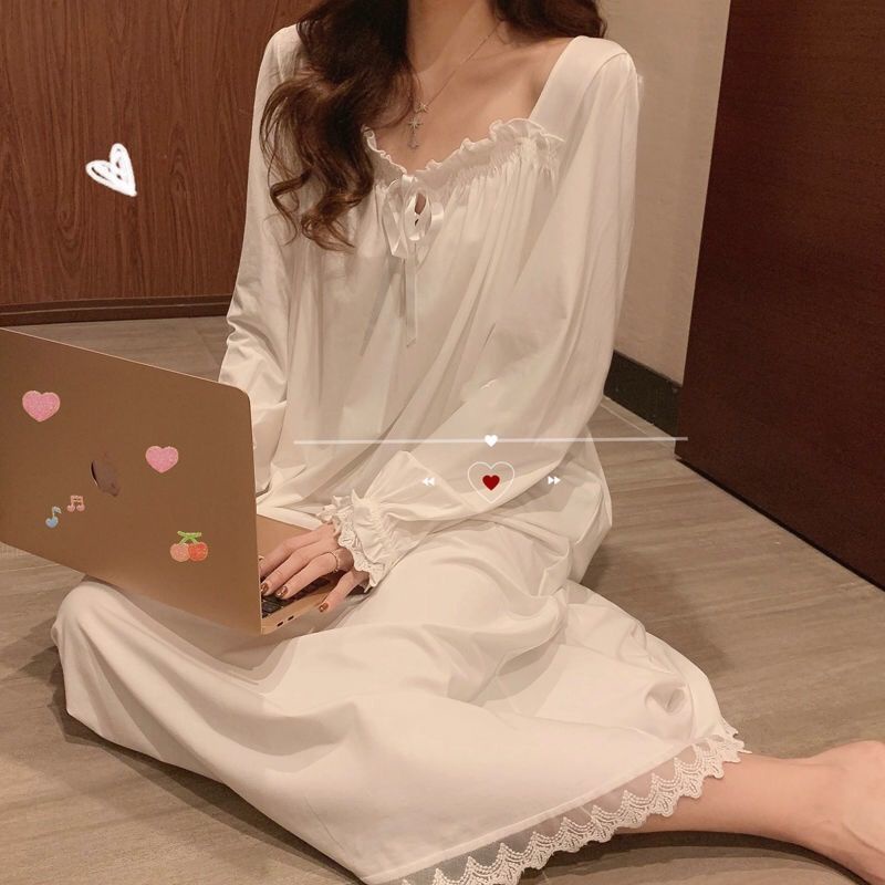 Đầm ngủ công chúa tay dài phối ren phong cách ngọt ngào thời trang xuân thu 2021 dành cho nữ