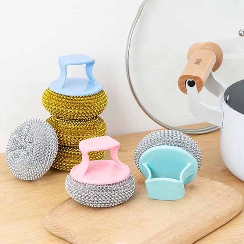 Búi Rửa Chén Bát Có Tay Cầm, Miếng Cọ Xoong Inox Cán Nhựa, Búi Lưới Vệ Sinh Xoong, Nồi, Chén Bát