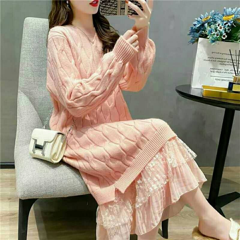Chân váy len midi dày dặn màu trơn phối ren thời trang thu đông thanh lịch cho nữ