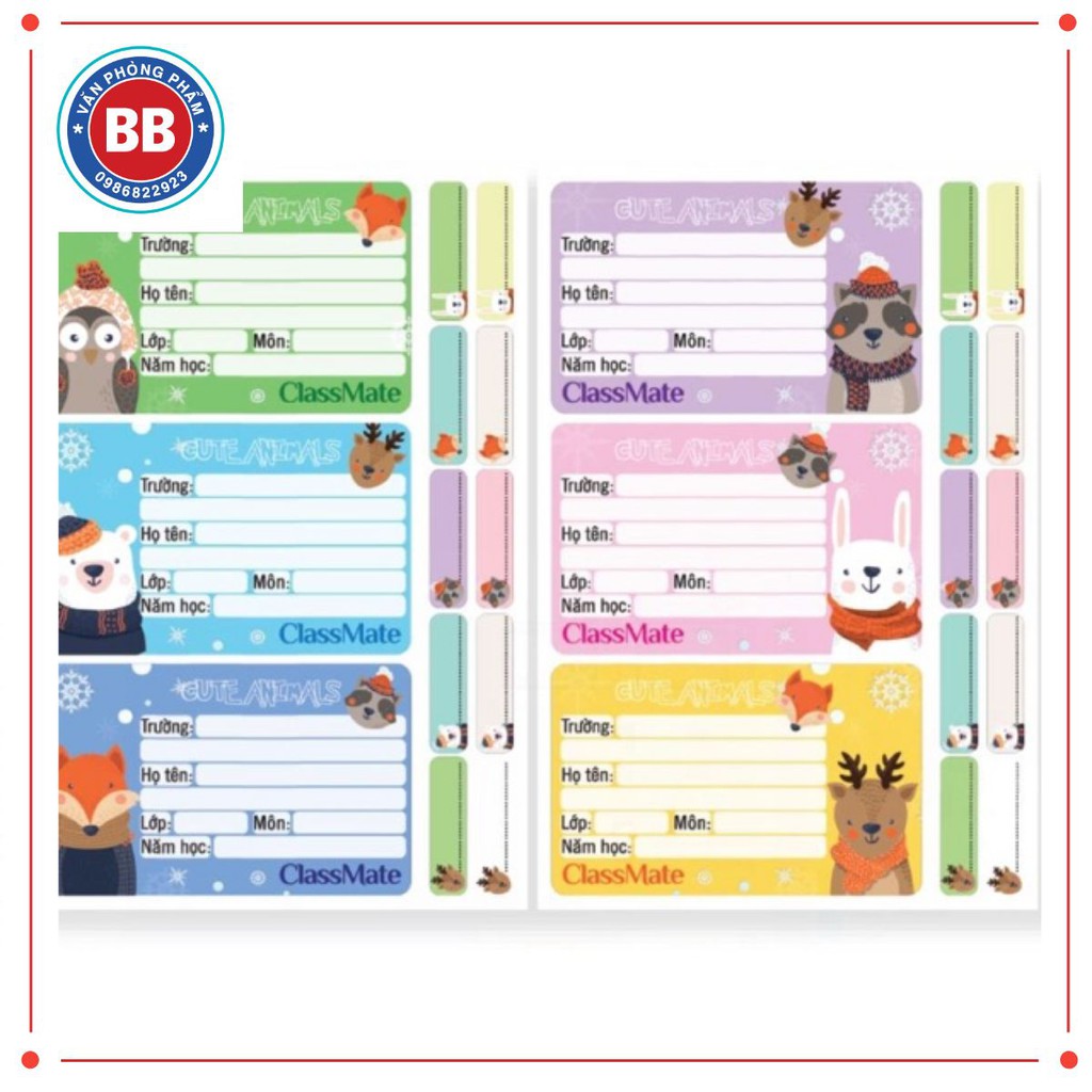 SÉT 30 cái Nhãn vở to+100 nhãn phụ dán đồ dùng học tập HẢI HÀ Classmate hình Animal NT219