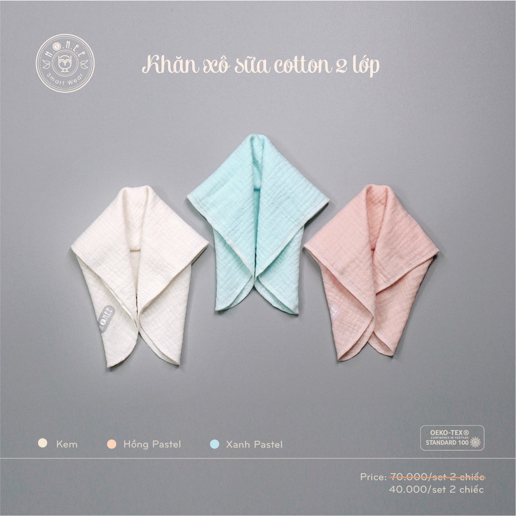 Set 2 khăn sữa xô cotton cho bé Hrnee 30x30cm, khăn sữa 2 lớp cho bé sơ sinh - Monnie Kids