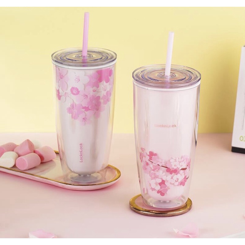 Ly nhựa 2 lớp Lock&Lock Cherry Blossom kèm ống hút double 750ml  HAP509