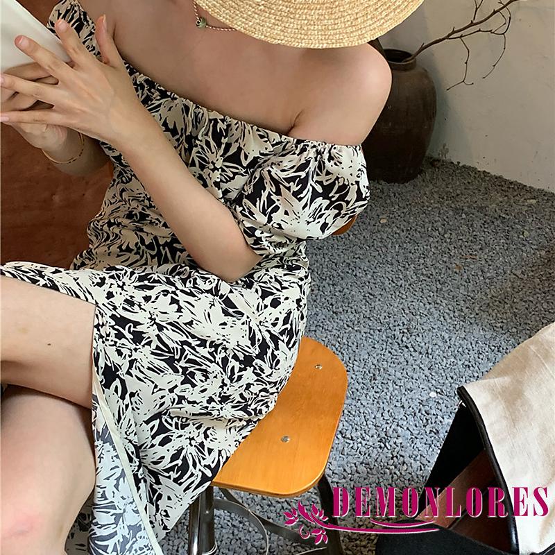DEMQ-Women´s Midi Dress Adult Printed Pattern Off Shoulder Short Sleeve Side Slit Korean Style Dress
