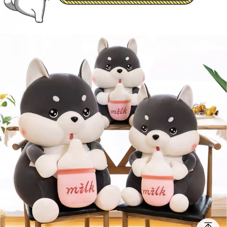 Gấu bông chó Husky ôm bình sữa, Thú nhồi bông chó ôm bình sữa cute size 80cm/60cm/40cm cao cấp